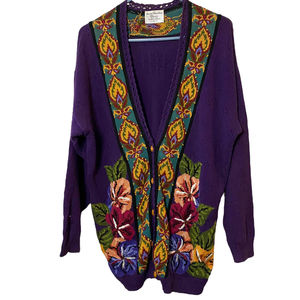 Vintage Marisa Christina Women Purple Floral Button Up Cardigan Sweater Size L